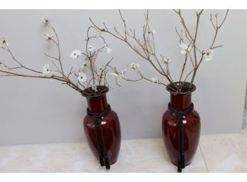 Pair Of Vintage Ox Blood Vases By Diane Love For Mikasa With Faux Dogwood Branches