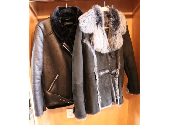 100 Shearling & Fur Jacket With Tie Knot Front Closure And Faux Leather Moto Style Jacket