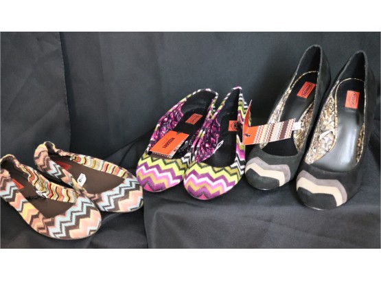 3 Pairs Of Womens Missoni Shoes, 2 Pairs Of Ballet Slippers And 1 Pair Of Black Suede Chunky High Heels