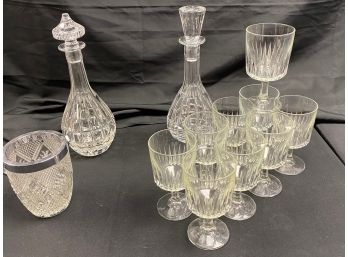 Lot Of 2 Waterford Style Crystal Decanters, Assorted Crystal Stemware & Cut Glass Ice Bucket