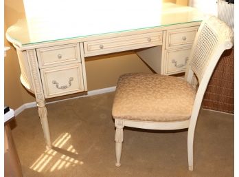 Louis XVI Style- Shabby Chic Desk With Caned Upholstered Chair