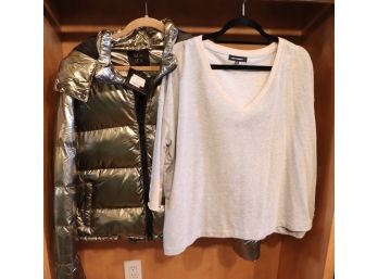 2 Pieces Of Womens Clothing  Puffer Jacket With Hood & V Neck Sweater