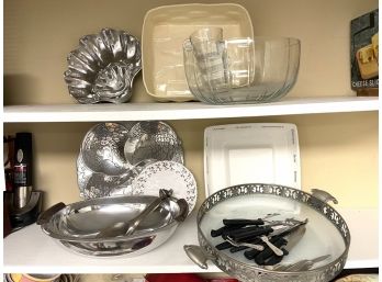 Vintage & Eclectic Assorted Polished Metal Serving Pieces, Glass Punch Set & Tiffany & Co Ceramic Basket