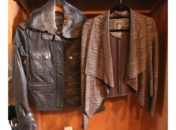 Pair Of Womens Leather Jackets  Bomber Jacket With Rabbit Fur Trim And Leather Wrap Jacket