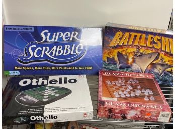 Super Scrabble, Battleship, Othello All Unused In Original Packaging & Glass Chess Set