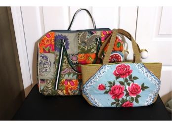 2 Fresh, Unused Beach Bags, 1 Patchwork Design Tote With Grosgrain Handles & 1 Woven Tote With Roses