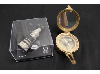 Vintage Collectible Commemorative Compass And Miniature Camera Lens Display