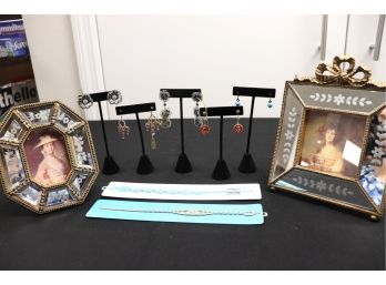 Assortment Of Decorative Costume Jewelry & Pair Of Etched Beveled Mirror Photo Frames