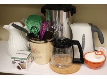Eclectic Lot Electric Kettle, Coffee Maker Urn, Assorted Carafes, Cuisinart 4 Cup Gold Tone Filter & More