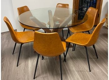 Fabulous Modern Style 51Dia Glass Top Table With 6 Caramel Colored Vegan Leather Dining Chairs