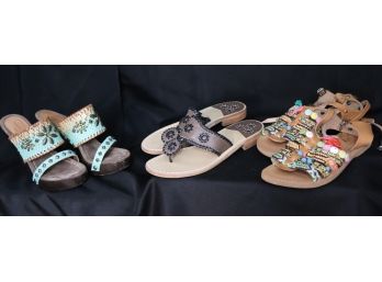 3 Pairs Of Womens Unique Sandal Style High Heels & Flats By Isabelle Fiore, Jack Rogers & More