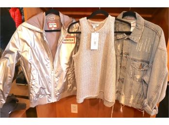 2 Womens Size Medium Silver Sparkling Tops, Hooded Jacket & Knit Tank With Distressed Denim Jacket