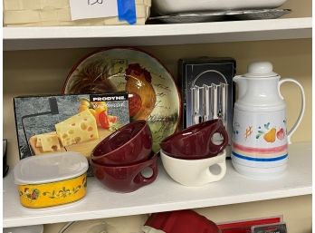 Assorted Kitchen Wares, Some With Rooster Details, Cheese Board, Ceramic Bowl & More