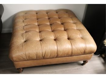 Vintage Distressed Caramel Leather Button Tufted Square Foot Rest/Coffee Table On Casters