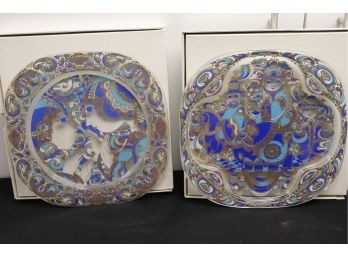 Pair Of Seasonal Ornate Hand Painted Glass Plates By Bjorn Wiinblad For Rosenthal