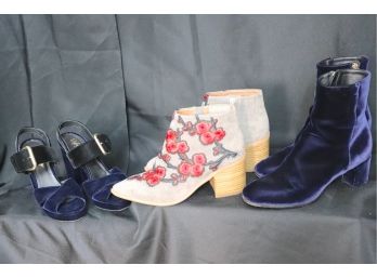3 Pairs Of Women's Shoes - Dark Blue Velvet Boots & Strappy High Heels And Embellished Gray Suede Booties