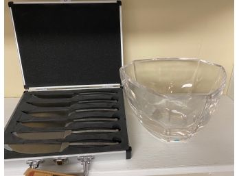 Tiffany & Co Crystal Bowl, Made In Germany & Williams Sonoma Never Used 6 Steak Knife Set In Case
