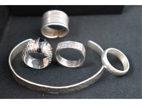 Lot Of 4 Sterling Silver Rings In Several Sizes Plus Hammered Sterling Silver Open Bracelet