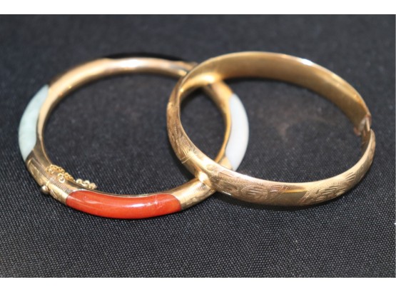 Pair Of 14K YG Bangles, One Bangle Has Quartz, Onyx And Coral/Agate Inserts