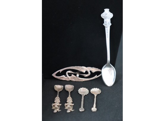 Assortment Of 4 Mini Silver Spoons, Deco Style Bird Pin And Bucherer Of Switzerland Souvenir Spoon