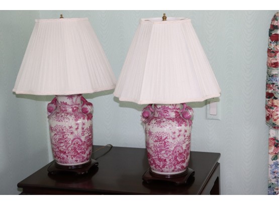 Pair Of Finely Painted, Chinoiserie-Style Tropical Vase Urns With Shade