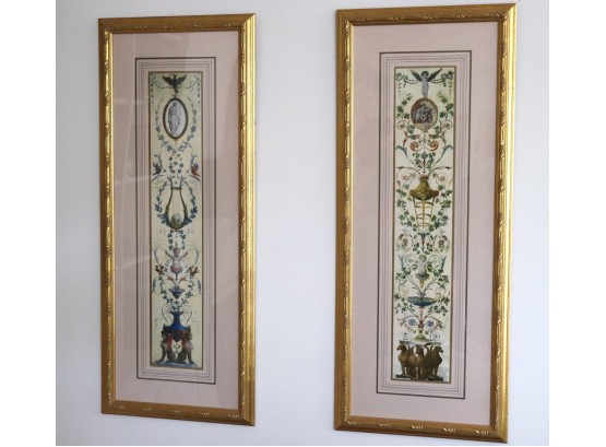 Pair Of Grecian Style Prints With Rose Colored Mattes In Antiqued Gilded Frames