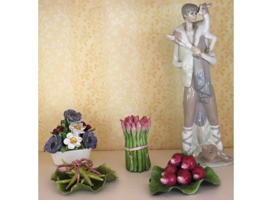 Fine Porcelain Lladro Figurine & Aynsley Miniature Floral Bouquet And Miniature Veggies