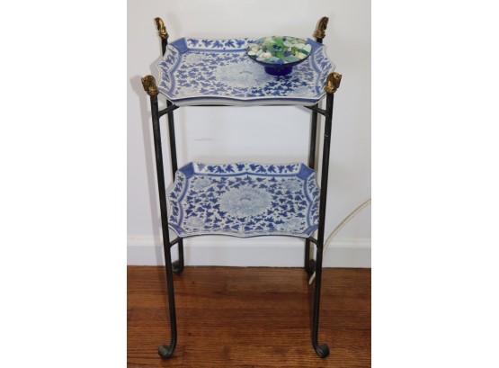 Vintage Blue & White Porcelain Dishes On Wrought Iron Plant Stand
