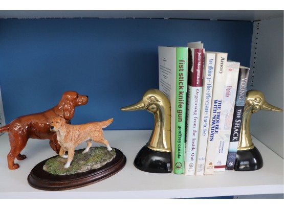 Vintage Pair Of Brass Duckhead Bookends & 2 Porcelain Dog Figurines