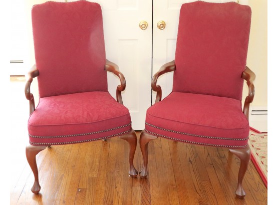 Pair Of English Style High Back Upholstered Armchairs In Mauve Tonal Jacquard