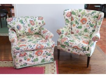 Pair Of Vintage Custom Floral Cotton Print Companion Chairs  Lounge Club & Wing Back