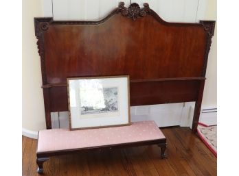 Antique English Style Full Size Headboard, Vintage Currier & Ives Lithograph