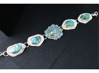 Handcrafted Sterling And Turquoise 925 Bracelet Measures 8 Inches Long With Makers Tag