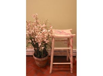 Hand Painted Wood Stool With Large Potted Faux Orchid Display