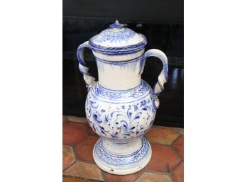 Vintage Charming Belgian Blue & White Ceramic Urn With Lid