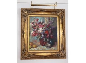 Vintage Painting On Canvas In Fabulous Ornate Gilded Frame With Gallery Light