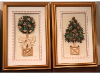 Pair Of Hand Crafted Dried Floral Topiary Inspired Gilded Framed Wall Art