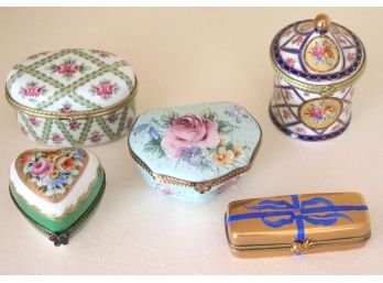 5 Vintage Hand Painted Porcelain Limoges France Pill Boxes  Some With Inset Miniatures