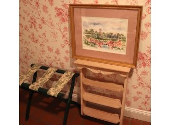 Framed Signed Lithograph, Decorative Toile Strap Luggage Rack & More