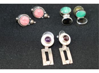 3 Pairs Of Sterling And Semiprecious Earrings