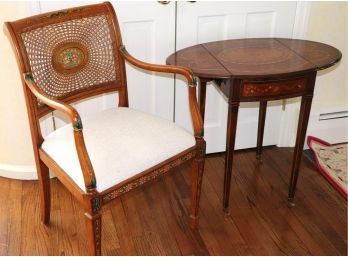 .Vintage Galimberti Lino Upholstered Seat With Caned Back Armchair & Inlay Side Table