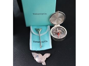 Tiffany And Co Sterling Compass, Tiffany Sterling Floral Pin And Sterling Bird Marked Denmark
