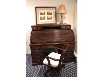Classic Roll Top Desk With Arm Desk Chair & Decorative Accessories