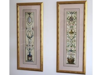 Pair Of Grecian Style Prints With Rose Colored Mattes In Antiqued Gilded Frames