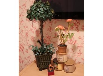 Scented Candles, Periscope & Faux Ivy Topiary & Ranunculus Flower Pot