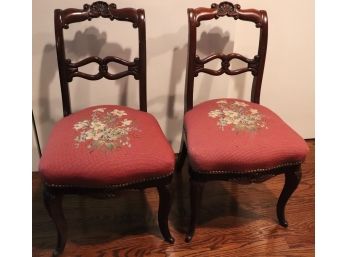 A Pair Of Vintage Carved Wood Chairs, Eclectic Needlepoint Seat Cushion