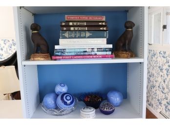 Assorted Vintage Books, Blue & White Accessories, Plaster Dog Bookends & More
