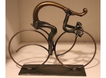 Metal Found Object Sculpture Of Bicyclist Racing