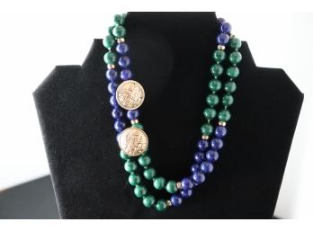 30' Blue And Green Stone Necklace With Gold Beads And 14K Gold Post And Clip Earrings