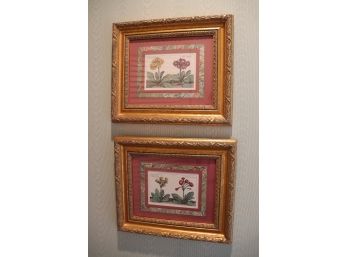 Pair Of Floral Prints With Unique Mattes In Gilded Frames